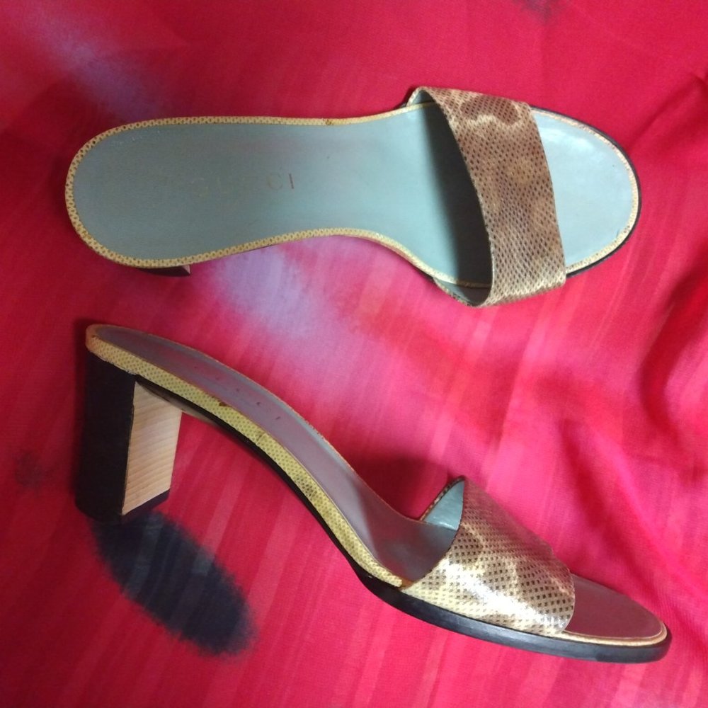 ❤️GUCCI TOM FORD Snake Slip On Chunky Wood Heel Slides Sandals Shoe 8 B Italy - Picture 6 of 10